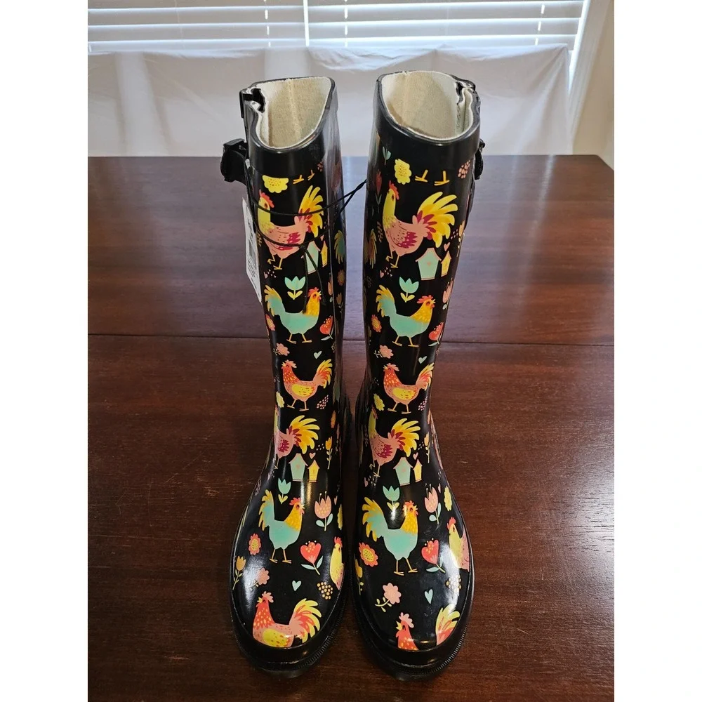 Western Chief Chicken Rooster & Floral Rain Boots Women's 7‎ Waterproof NEW